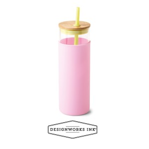Стъклена бутилка със сламка и бамбукова капачка - розова